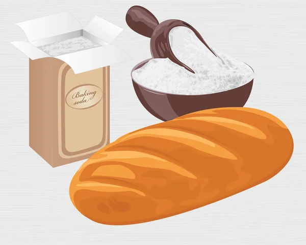 紙袋、ボウル、小麦パンのベーキング ソーダ — ストックベクタ