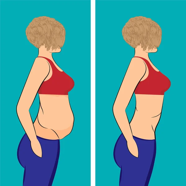 Chica gorda y delgada antes y después. Recreación — Vector de stock