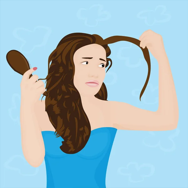 Uma rapariga chateada com a perda de cabelo. Ilustração vetorial —  Vetores de Stock