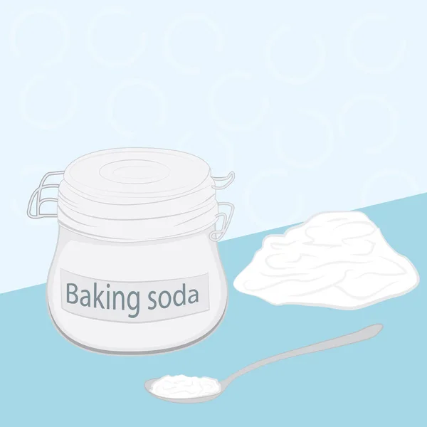 Baking soda in a glass jar and in a spoon on a table — Stock Vector