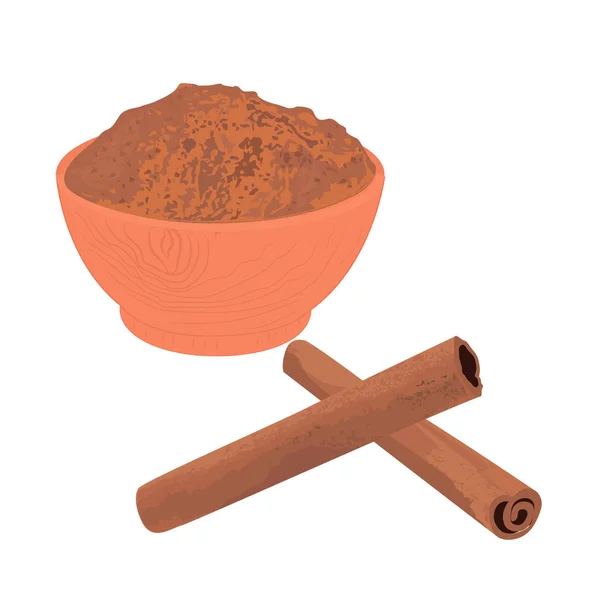 Cinnamon sticks and powder in a bowl — Stock Vector