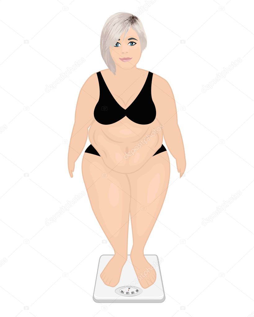 Fat girl on a weight machine. weight control concept. Overweight. Vector illustration