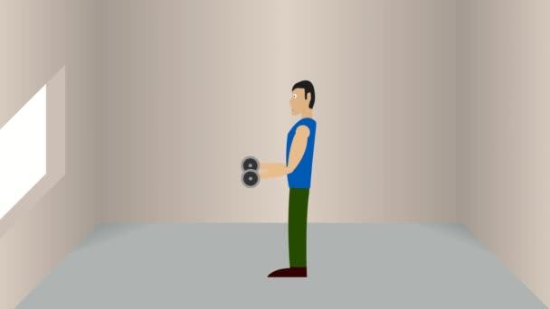 스포츠맨은 체육관 애니메이션에서 아령으로 스포츠 개념입니다 라이프 스타일 — 비디오