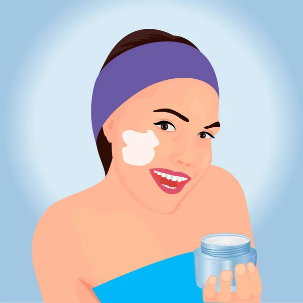 A girl covering a cream onto her face — Stock Vector
