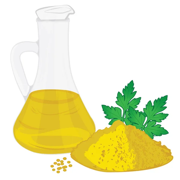 Mustárolaj, mustár por elszigetelt vektoros illusztráció egy fehér háttér — Stock Vector