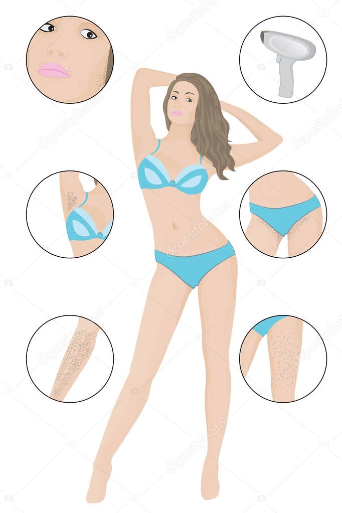 Hair removal methods and its result on a girl's body vector illustration