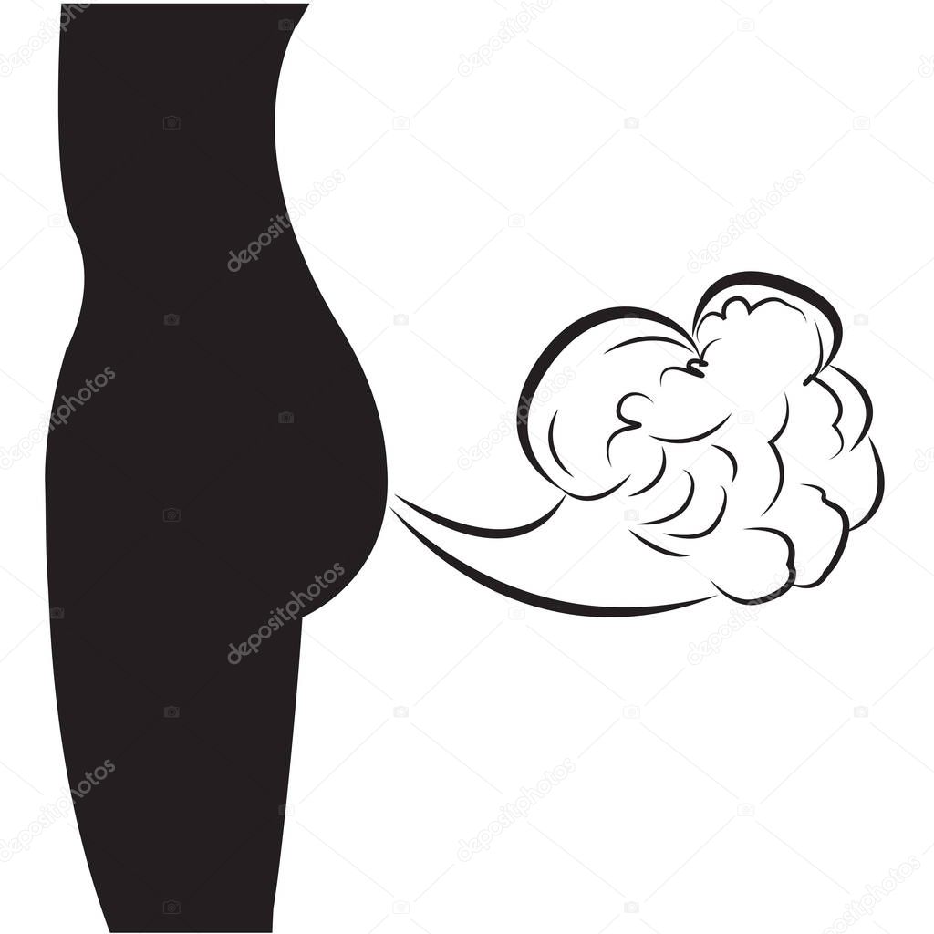 Excess gas from human body. Farting vector illustration. Silhouette black white