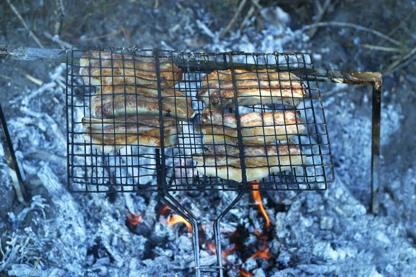 Grillen Vom Schwein Freien Einem Heißen Sommertag Einem Lager Zubereitet — Stockfoto