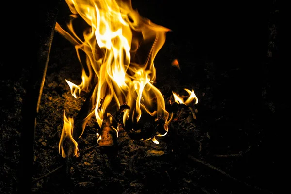 Пламя Огня Темном Изображении Костра Ночью Изолировано Черном Фоне — стоковое фото