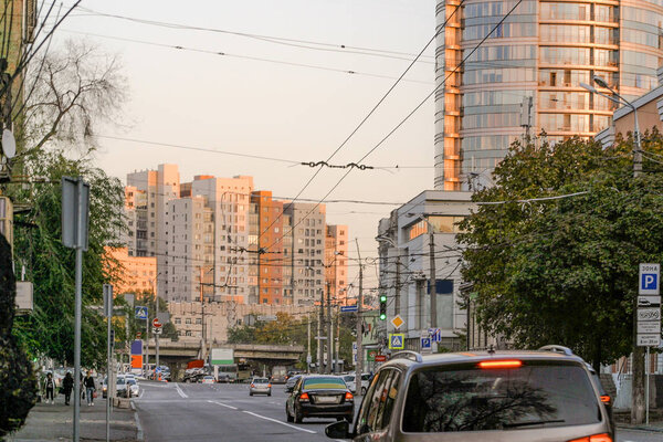 Panorama of Dnipro city rush hour traffic in on a street