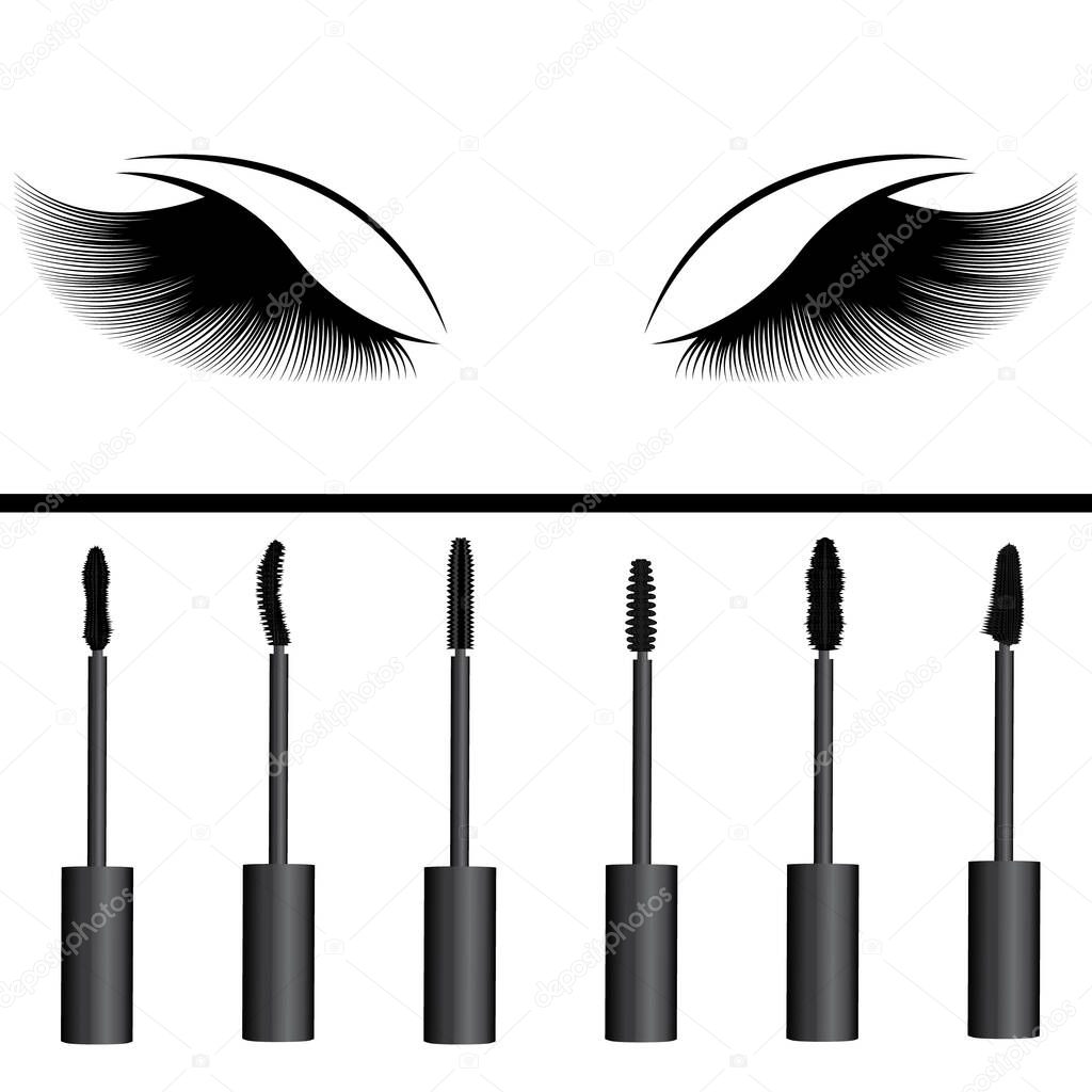 A girl's eyelashes and types of mascara vector illustration. Set of mascara