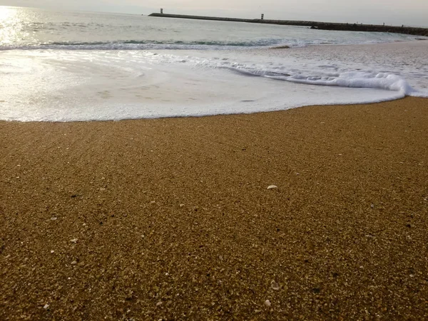 Streszczenie Naturalnej Piaszczystej Plaży Zbliżenie Seacoast Tła Miejsca Powierzchni Tekstu — Zdjęcie stockowe