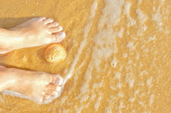 Fechar na concha do mar e pés, fora areia da praia fundo. Vista superior, momentos felizes nas férias — Fotografia de Stock
