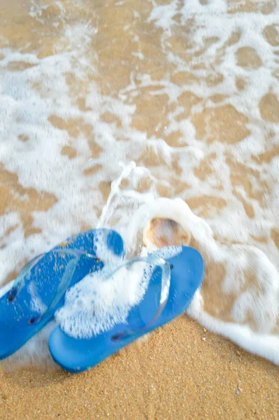 Chinelos Azuis Concha Oceânica Longo Praia Tropical Exótica Topo Vista — Fotografia de Stock