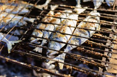 Barbekü, arka plan açık havada balık ızgara üzerinde Üstten Görünüm 