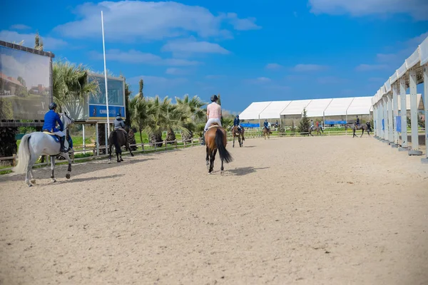 Vilamoura Atlantic Tour, 26 février 2017 : Cavaliers et leurs chevaux à la compétition, Centre équestre au Portugal. En plein air fond — Photo