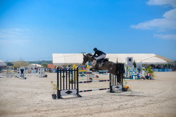 Vilamoura Atlantische Tour, 26 februari 2017: Ruiters en hun paarden in de competitie, Hippisch Centrum in Portugal. Openlucht achtergrond — Stockfoto