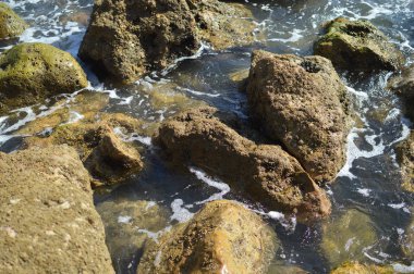 Kayalarla okyanusun güneşli panoramik manzarası, deniz manzarası doğal arka plan.