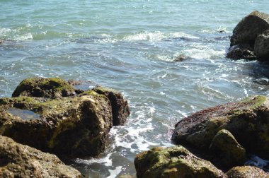 Kayalarla okyanusun güneşli panoramik manzarası, deniz manzarası doğal arka plan.