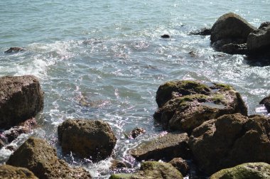 Kayalarla okyanusun güneşli panoramik manzarası, deniz manzarası doğal arka plan.