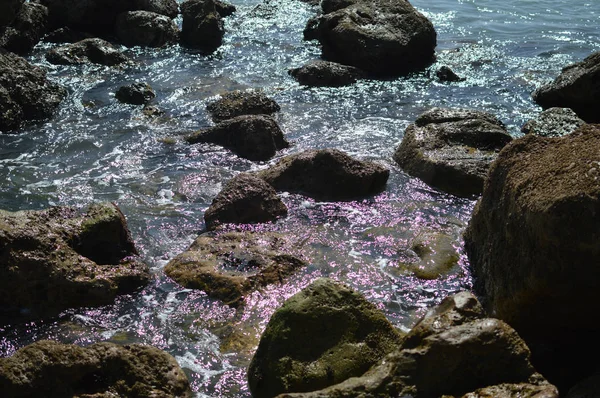 Kayalarla Okyanusun Güneşli Panoramik Manzarası Deniz Manzarası Doğal Arka Plan — Stok fotoğraf