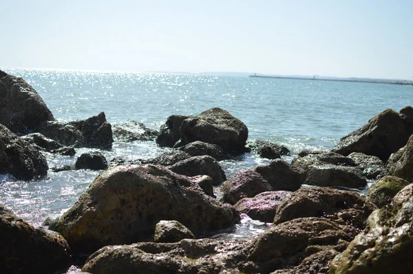 Slunečný Panoramatický Výhled Oceán Kameny Přímořská Krajina Přírodní Pozadí — Stock fotografie