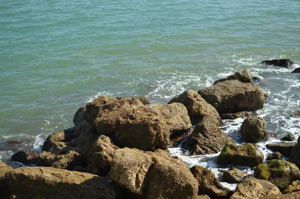 Solig Panoramautsikt Över Havet Med Stenar Havsutsikt Naturliga Utomhus Bakgrund — Stockfoto