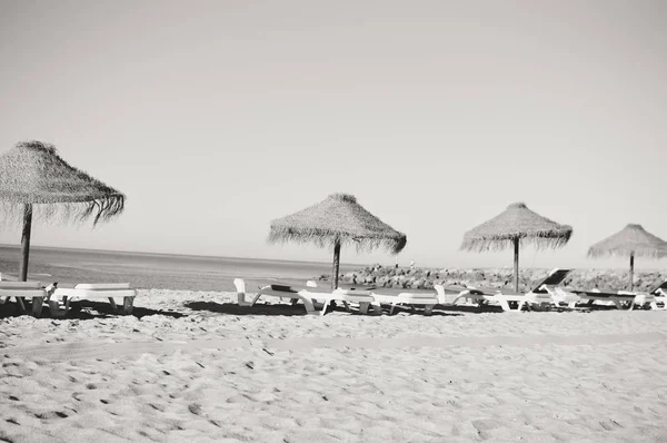Siyah beyaz görüntü güneşli plaj şemsiye pastoral ruh plaj rahatlama deniz manzarası gökyüzü kıyı şeridi temizleyin. — Stok fotoğraf