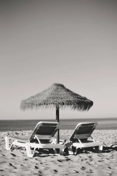 Siyah beyaz görüntü güneşli plaj şemsiye pastoral ruh plaj rahatlama deniz manzarası gökyüzü kıyı şeridi temizleyin. — Stok fotoğraf