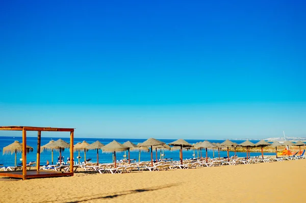 Blauwe hemel en strand paraplu stoel aan prachtige tropische Oceaan kust, schilderachtige achtergrond van de zonnige buitenlucht — Stockfoto