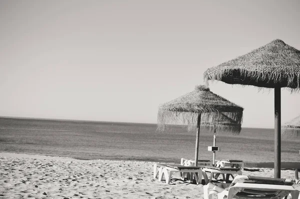 Holiday beach chaise Lounge i czaszy parasola na tle na zewnątrz ocean. Czarno-biały obraz fotografii — Zdjęcie stockowe