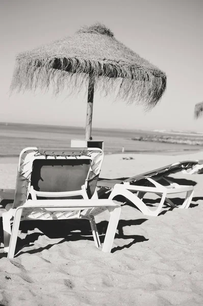 Holiday beach chaise Lounge i czaszy parasola na tle na zewnątrz ocean. Czarno-biały obraz fotografii — Zdjęcie stockowe
