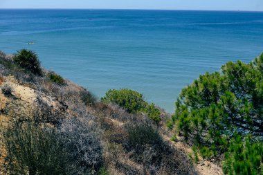 Plaj sahil şeridi, güneşli deniz manzarası Peyzaj doğal arka plan