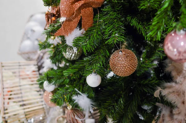 Decorated Christmas children shopping toys on joyful festive shiny blurred light background, closeup image. Seasonal elegant natural classy mood, love peace jolly decor design, traditional bright joy — Stock Photo, Image