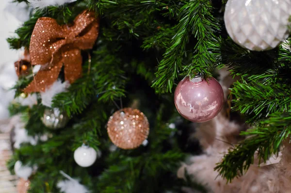 Decorated Christmas tree on joyful festive shiny blurred background, closeup image. Seasonal traditional bright joy, elegant natural classy mood, love and peace jolly design — Stock Photo, Image