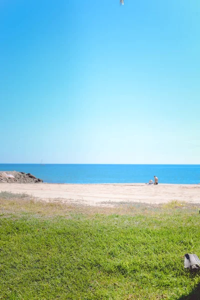 Playa Tropical Arenosa Hierba Verde Azul Cielo Soleado Océano Aire —  Fotos de Stock