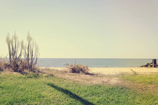 Playa Tropical Arenosa Hierba Verde Azul Cielo Soleado Océano Aire — Foto de Stock