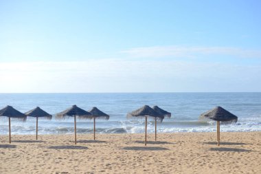 Kumlu Sahili ve mavi gökyüzü arka plan üzerinde egzotik plaj şemsiyeleri