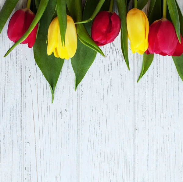 Podłoże drewniane i białe kolorowe tulipany. Poczęcia wakacje, — Zdjęcie stockowe