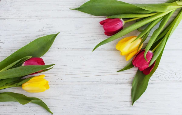 Kolorowe tulipany na białym tle drewnianych. Poczęcia wakacje, — Zdjęcie stockowe