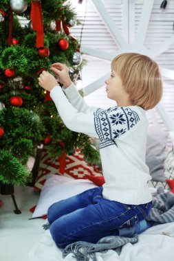 Küçük bir şekilde dekore edilmiş Noel ağacı oğlu. 