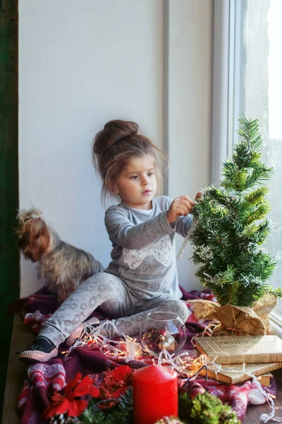 窓辺にクリスマス ツリーを飾る赤ちゃん — ストック写真