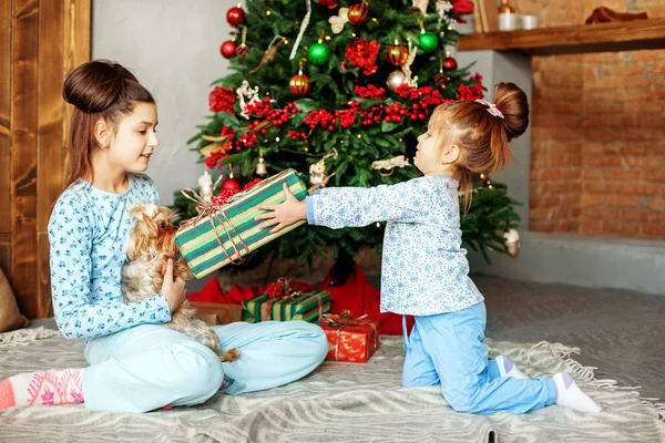 Los niños dan regalos en la habitación. El concepto de Navidad — Foto de Stock
