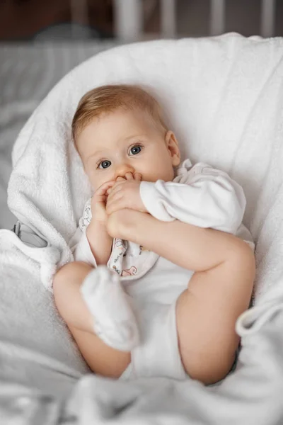 Little Infant Lies Bites His Leg Concept Motherhood Child Care — Stock Photo, Image