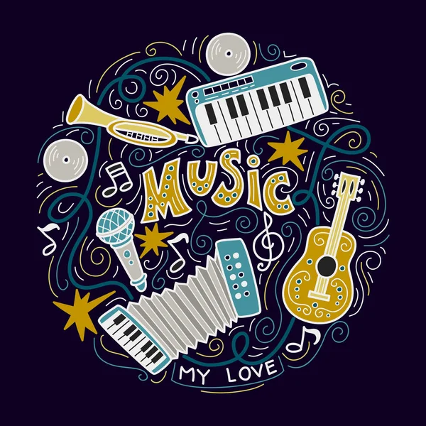 Music Background ,Collage with musical instruments.Hand drawing — Stock