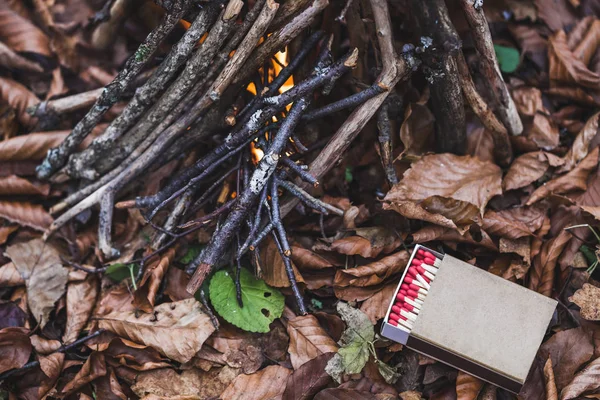 Matchbox near bonfire — Stock Photo, Image