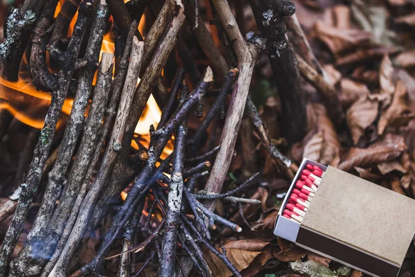 Matchbox poblíž ohně — Stock fotografie