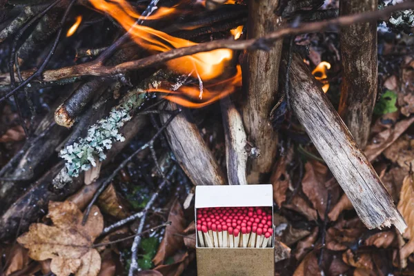 Streichholzschachtel am Lagerfeuer — Stockfoto