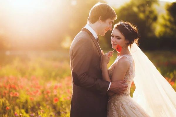 Sunshine portret van gelukkige bruid en bruidegom — Stockfoto