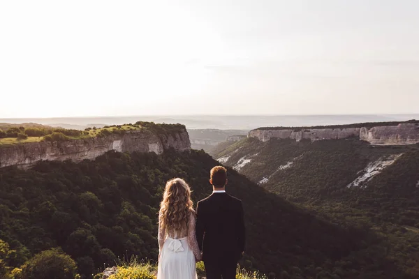Bruid en bruidegom kijken naar f berg canyon. — Stockfoto
